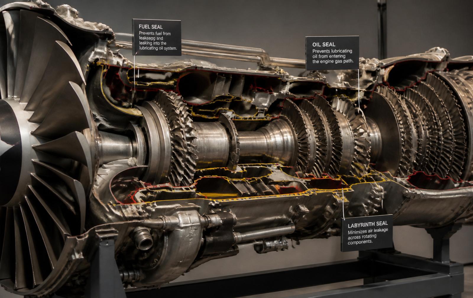 Detail of a jet engine assembly showing seals in the fuel and lubrication path