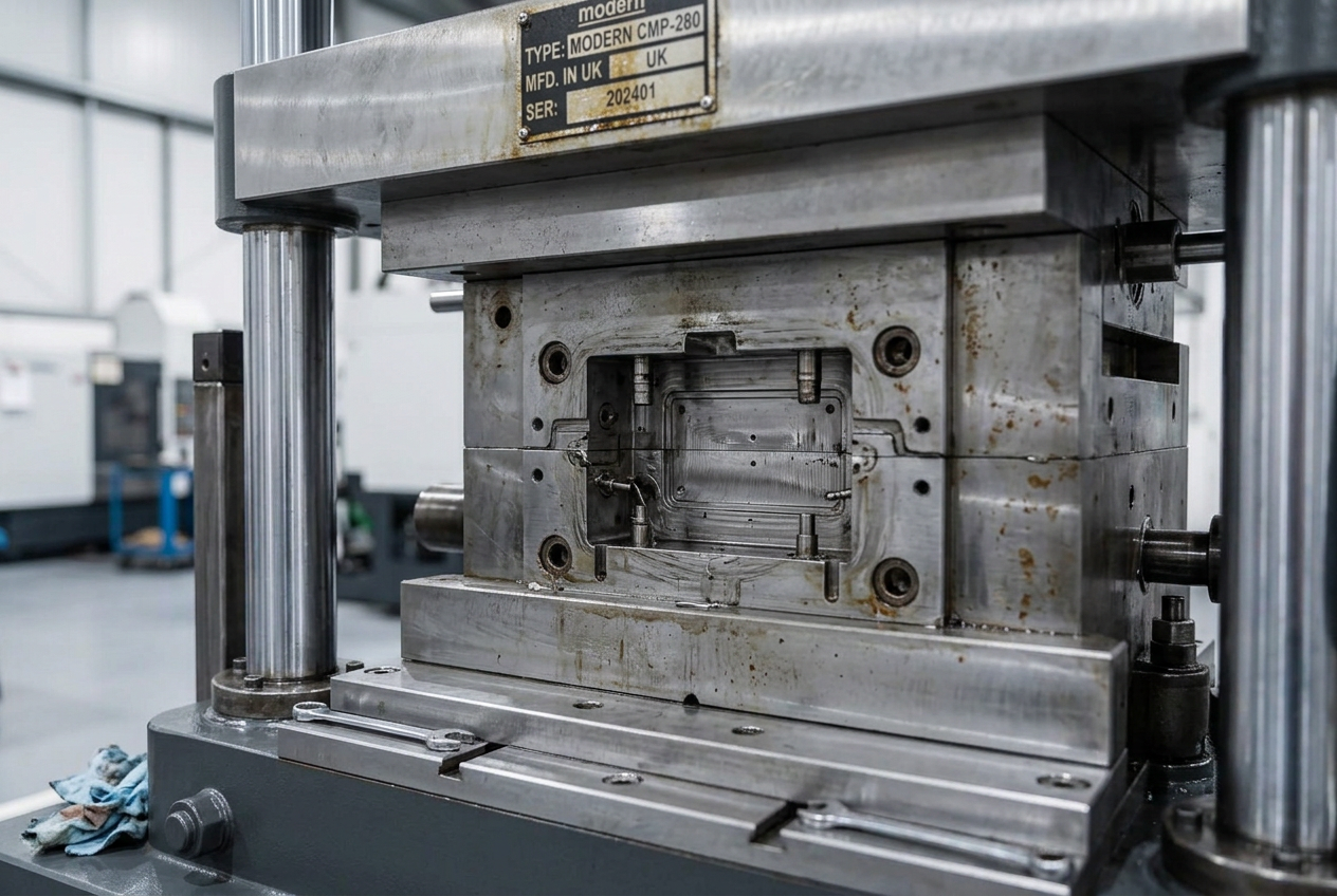 Hot rubber component being lifted from a compression moulding press
