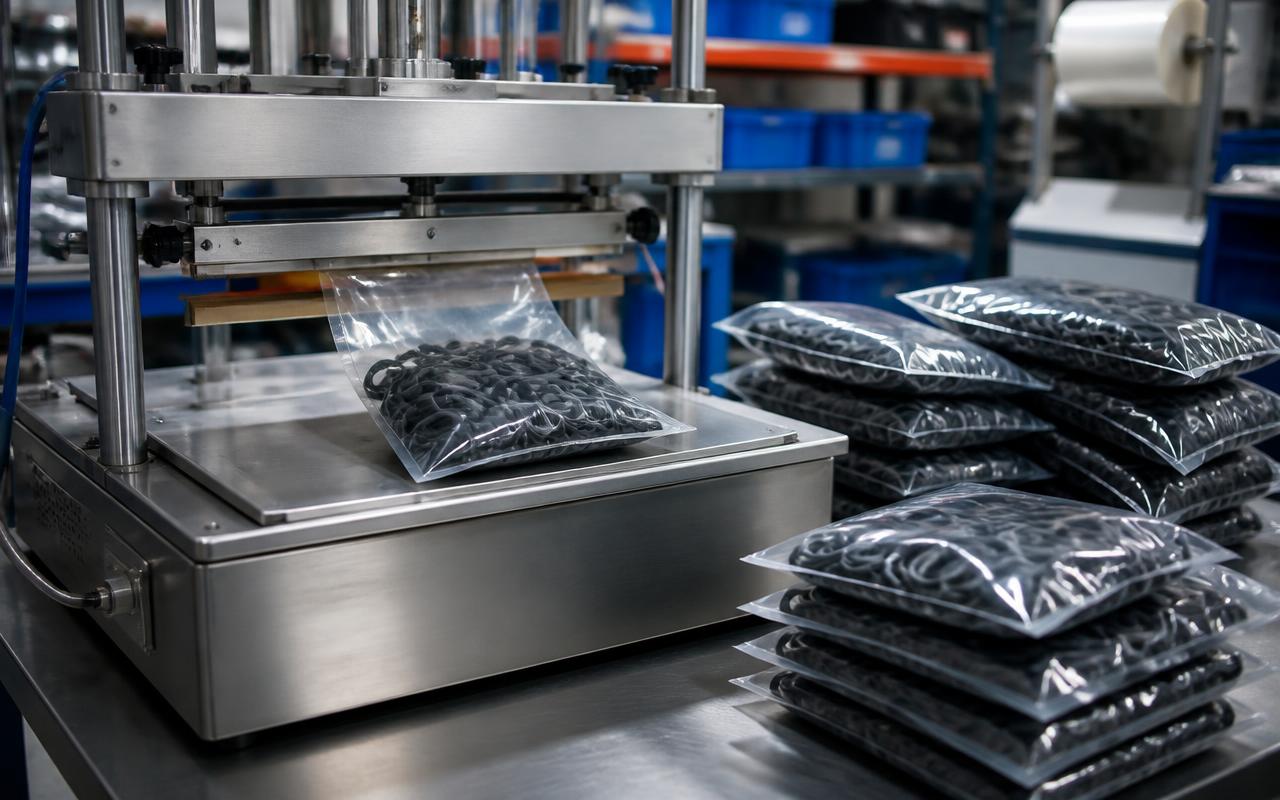 Semi-automated bagging and heat-sealing machine sealing polythene bags of moulded elastomer O-rings in a rubber components workshop
